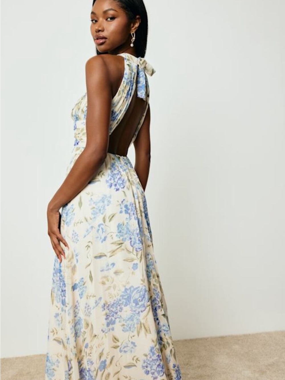 Lulu's Cream Floral Backless Maxi Dress with Blue Blooms